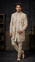 Ivory Velvet Embroidered Indo-Western Set by Dresswala NX