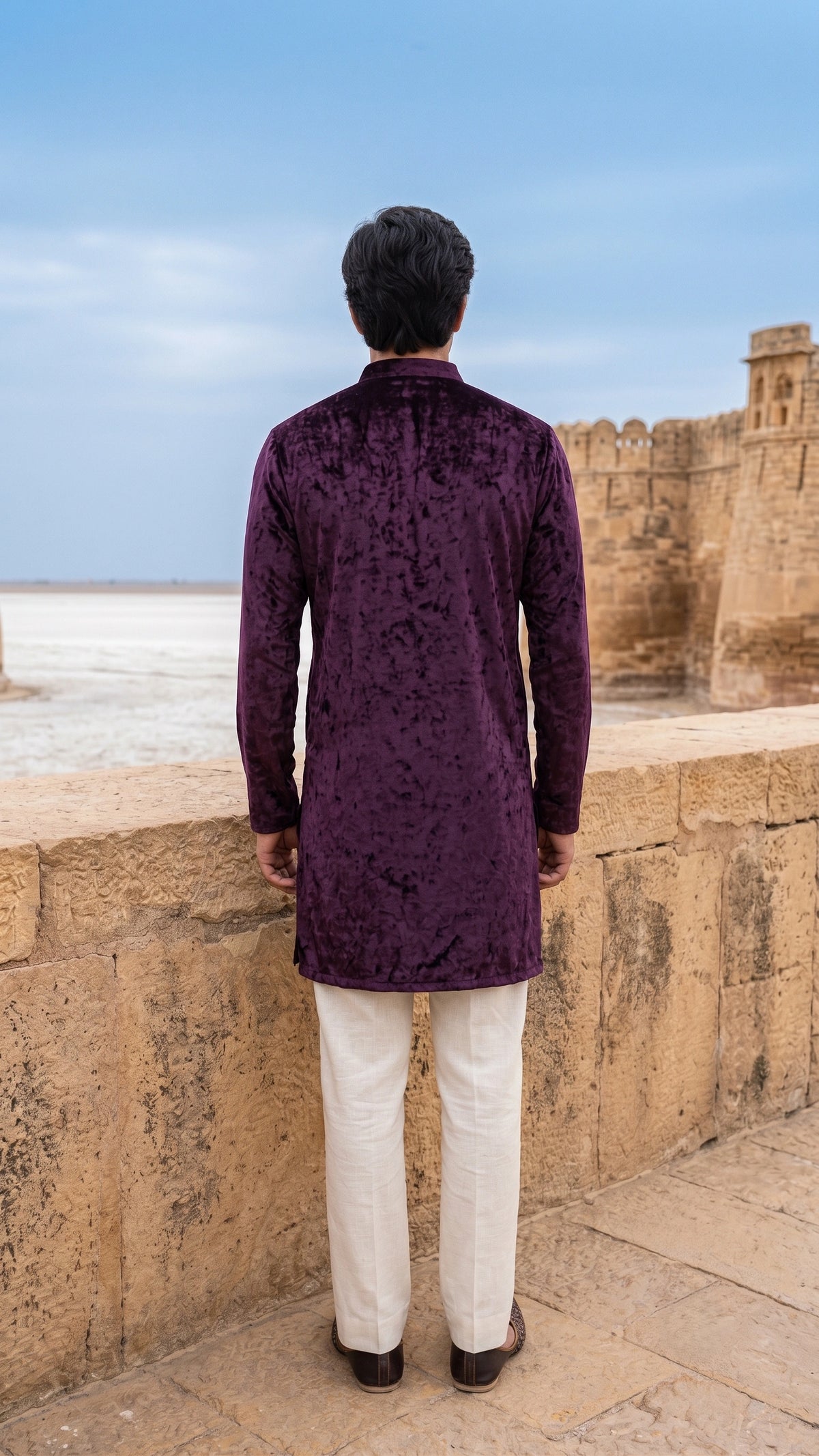 Deep Plum Crushed Velvet Festive Kurta for Men