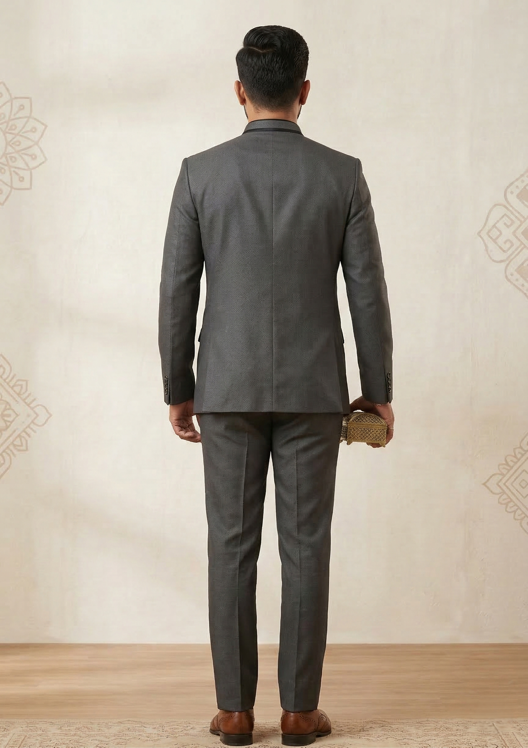 Slate Grey Bandhgala Suit with Contrast Mandarin Collar