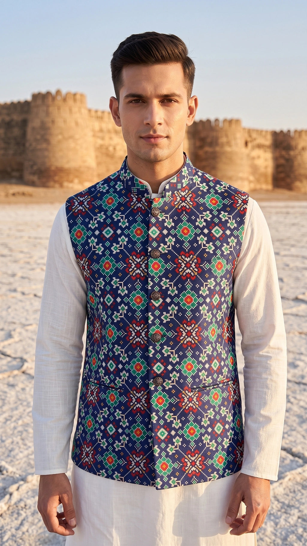 Men’s Royal Navy Blue Patola Printed Nehru Jacket