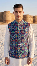 Men’s Royal Navy Blue Patola Printed Nehru Jacket