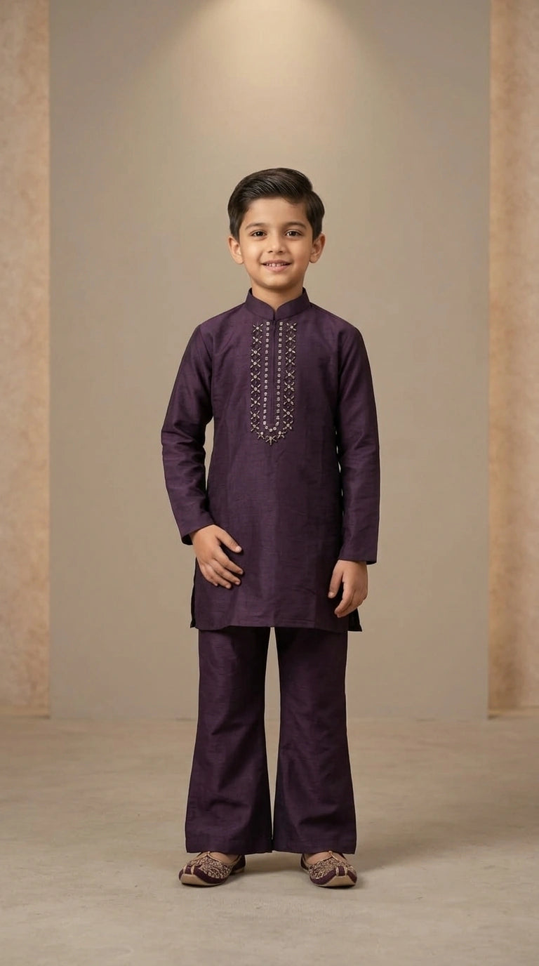 Boys Deep Plum Raw Silk Kurta Set with Silver Hand-Embellished Placket & Wide-Leg Pants