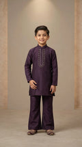 Boys Deep Plum Raw Silk Kurta Set with Silver Hand-Embellished Placket & Wide-Leg Pants