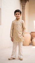 Boys Beige-Gold Printed Kurta with Off-White Bootcut Trouser Set