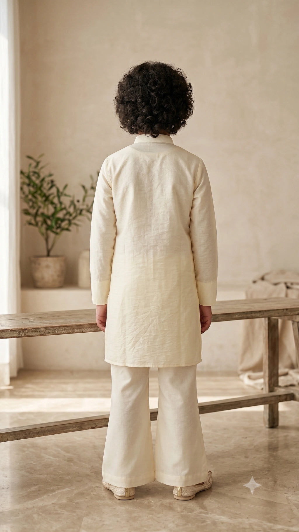 Boys Cream Geometric Embroidered Kurta Set with Flared Bell-Bottom Trousers