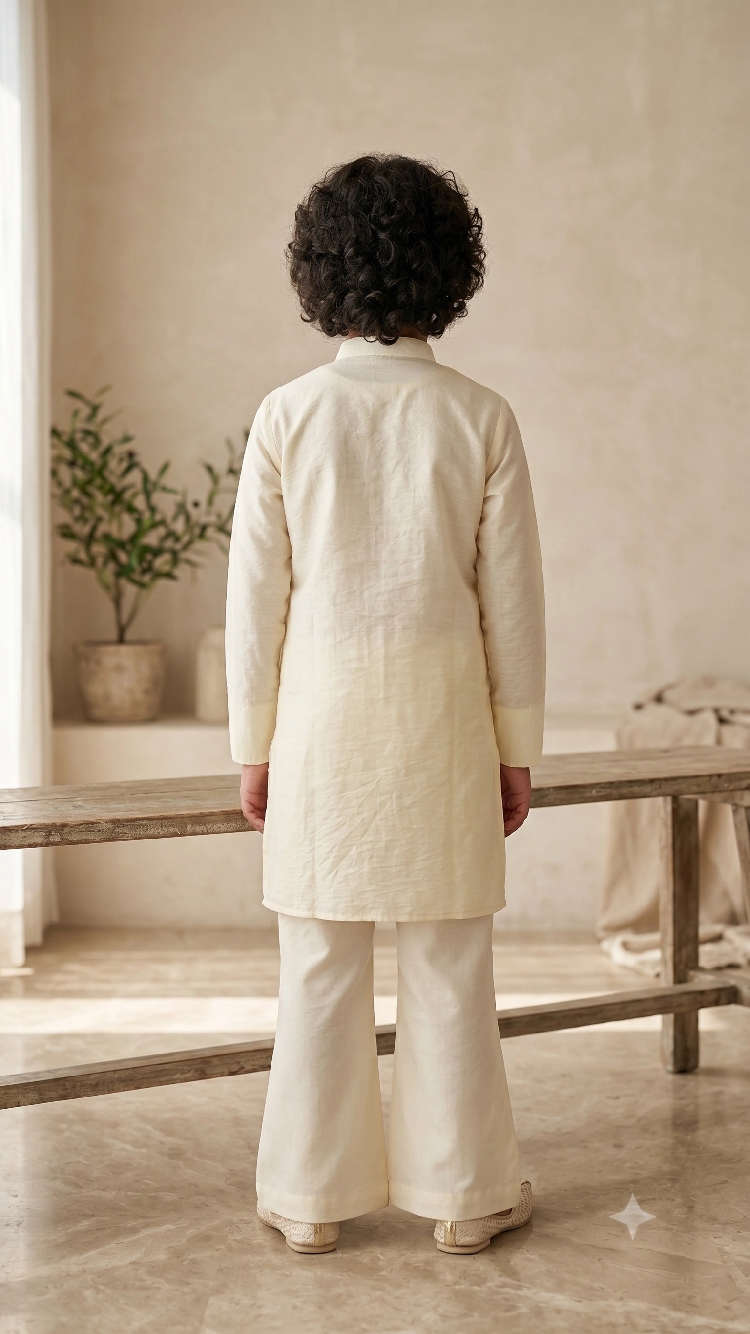 Boys Cream Geometric Embroidered Kurta Set with Flared Bell-Bottom Trousers