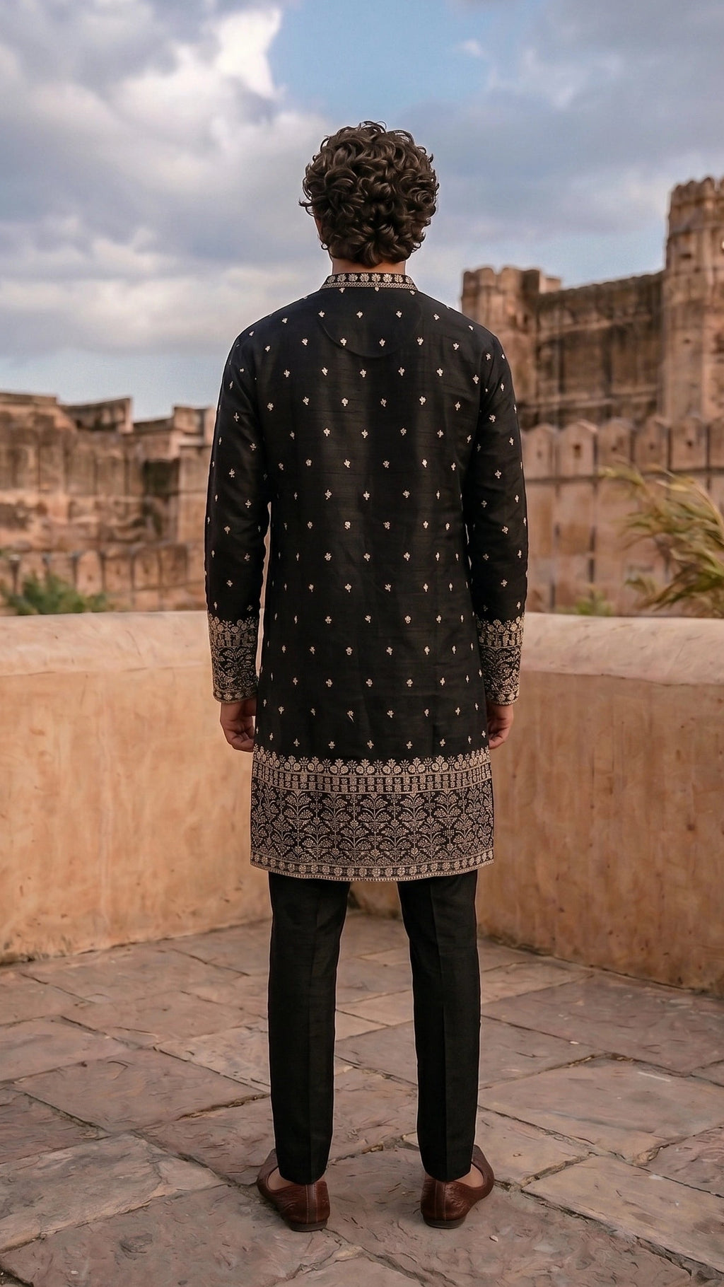 Midnight Black Embroidered Silk Kurta Set with Intricate Daman & Cuffs