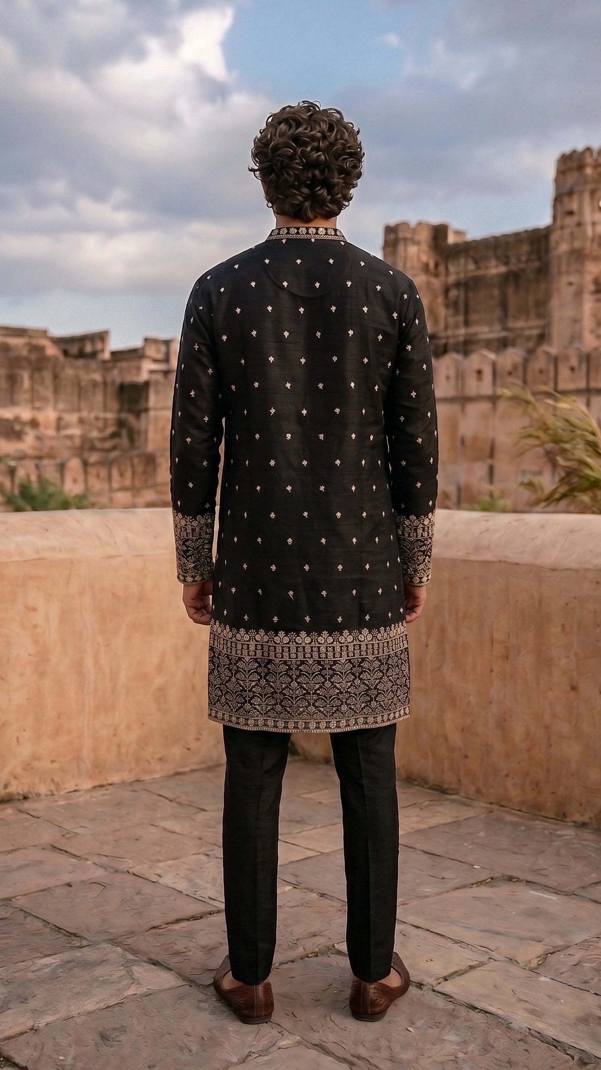 Midnight Black Embroidered Silk Kurta Set with Intricate Daman & Cuffs