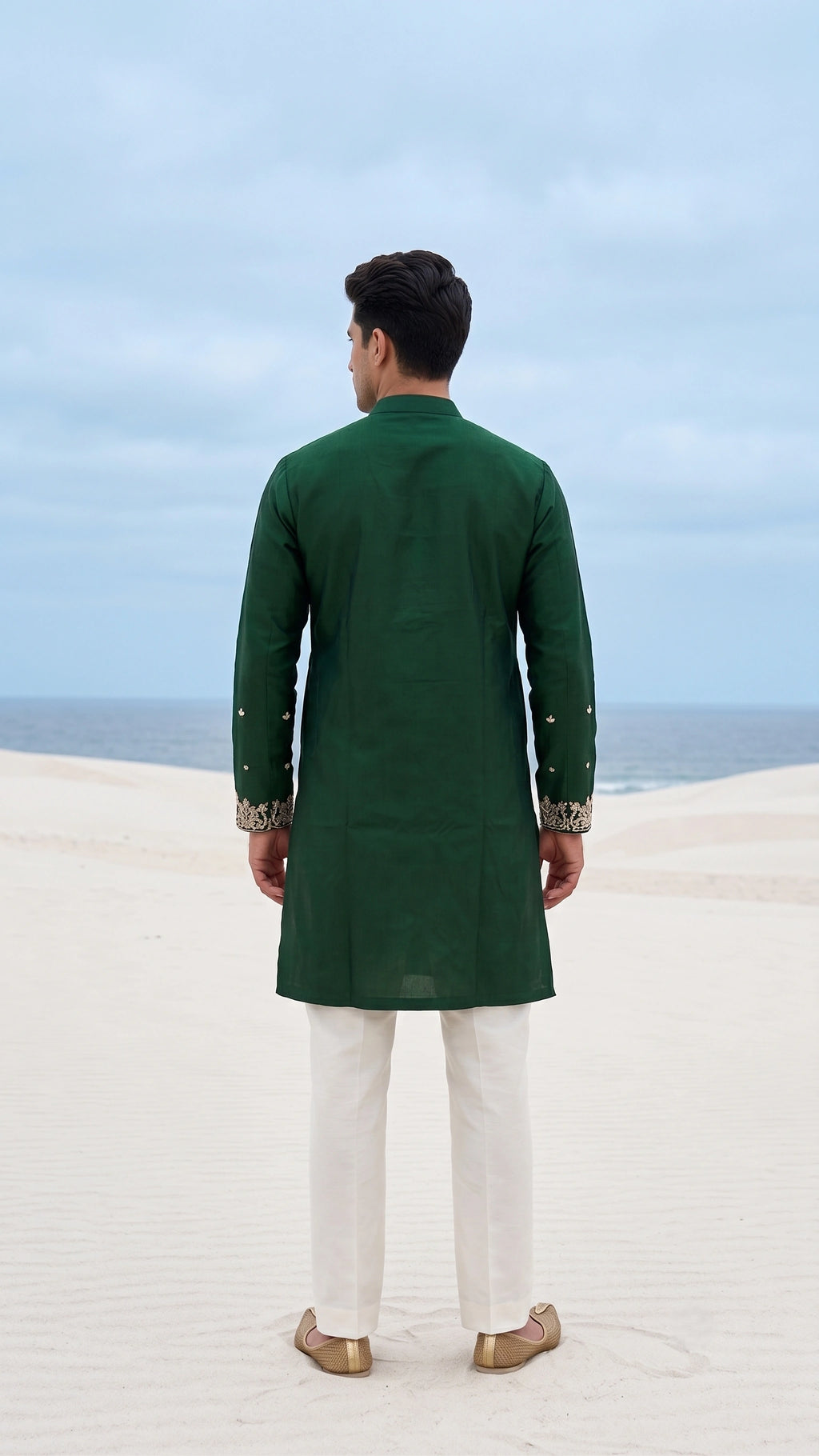 Emerald Green Embroidered Kurta Set with Tailored Off-White Trousers
