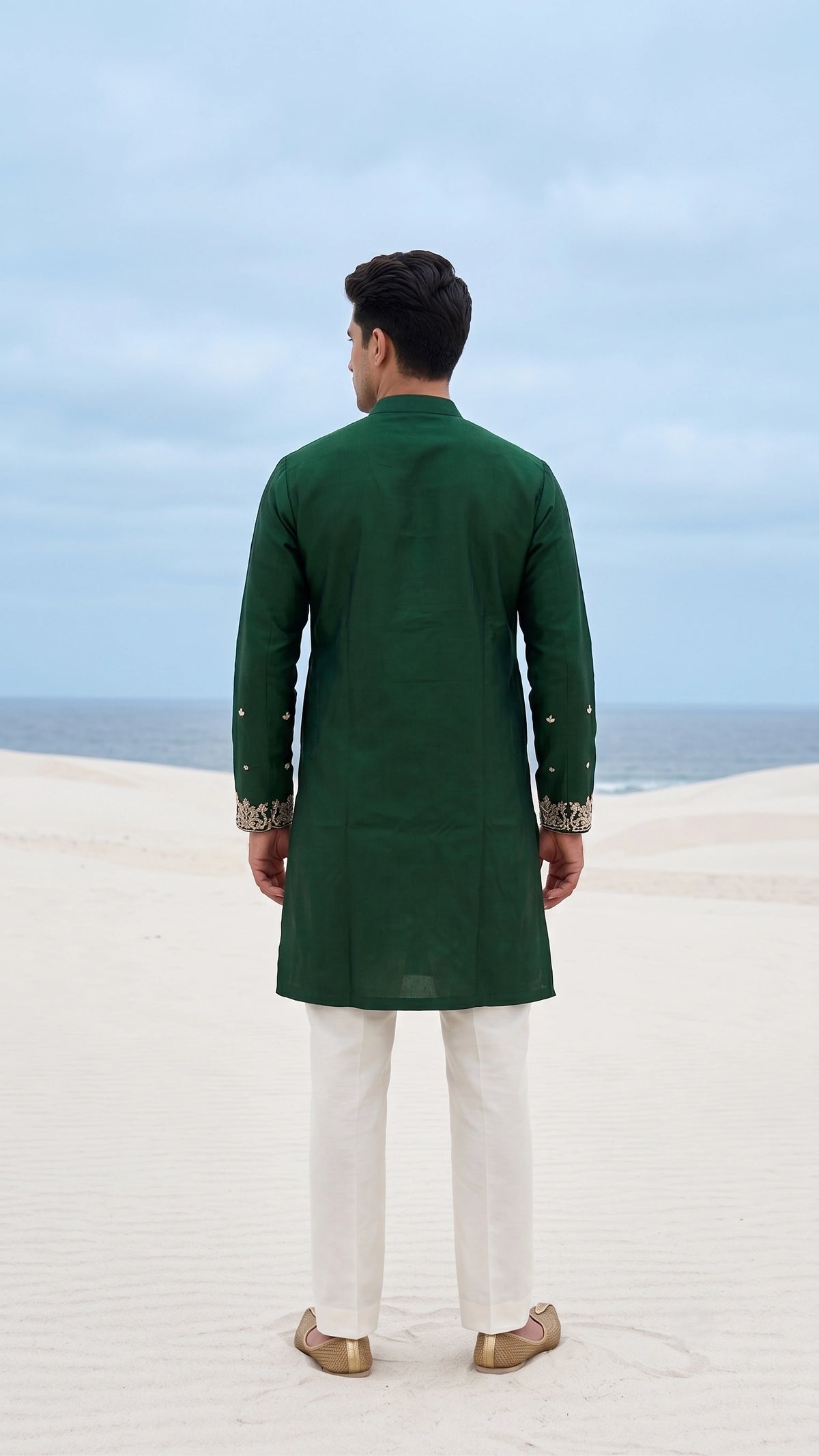Emerald Green Embroidered Kurta Set with Tailored Off-White Trousers