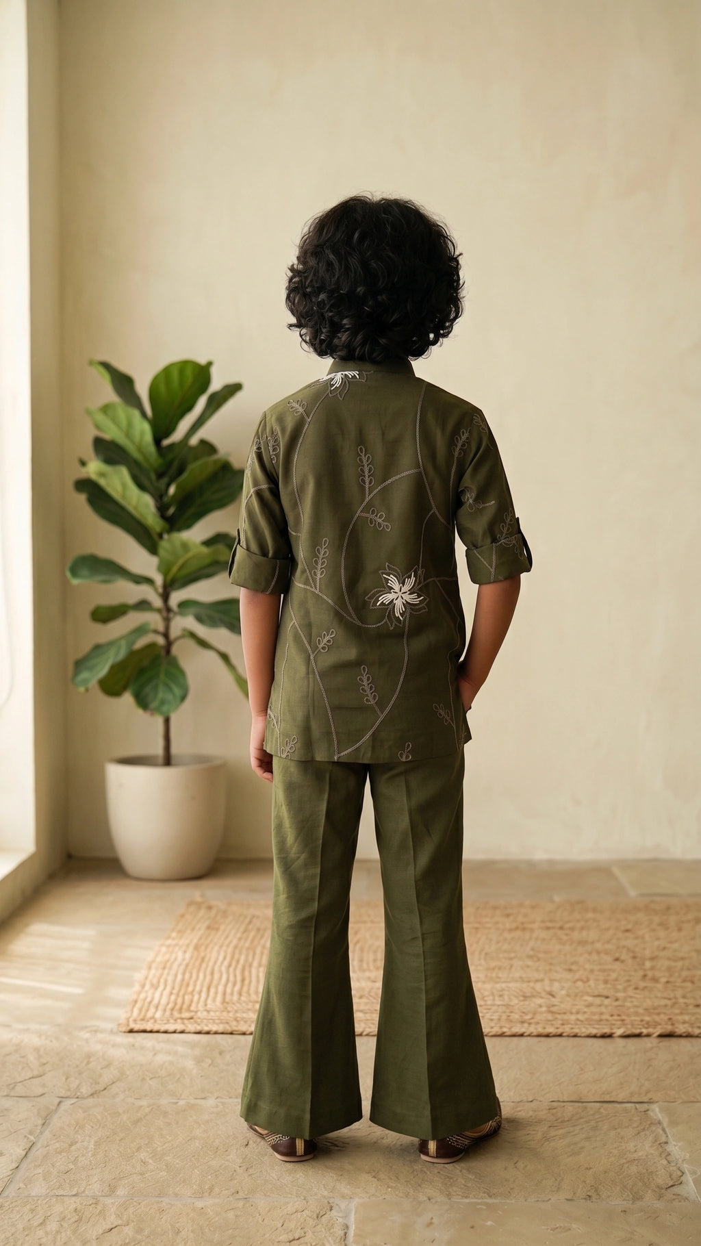 Olive Green Embroidered Short Kurta & Flared Pant Set for Boys