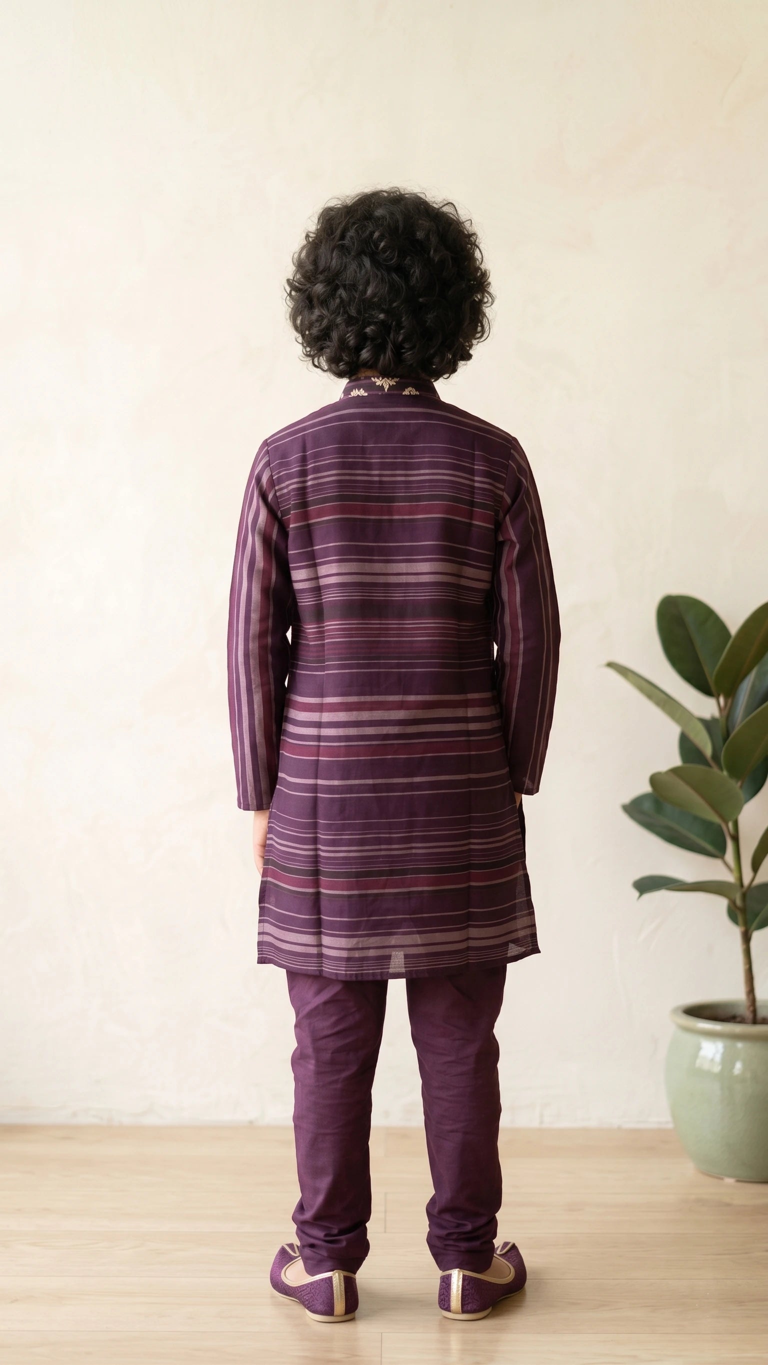 Boys Deep Wine Striped & Foil Printed Kurta Set