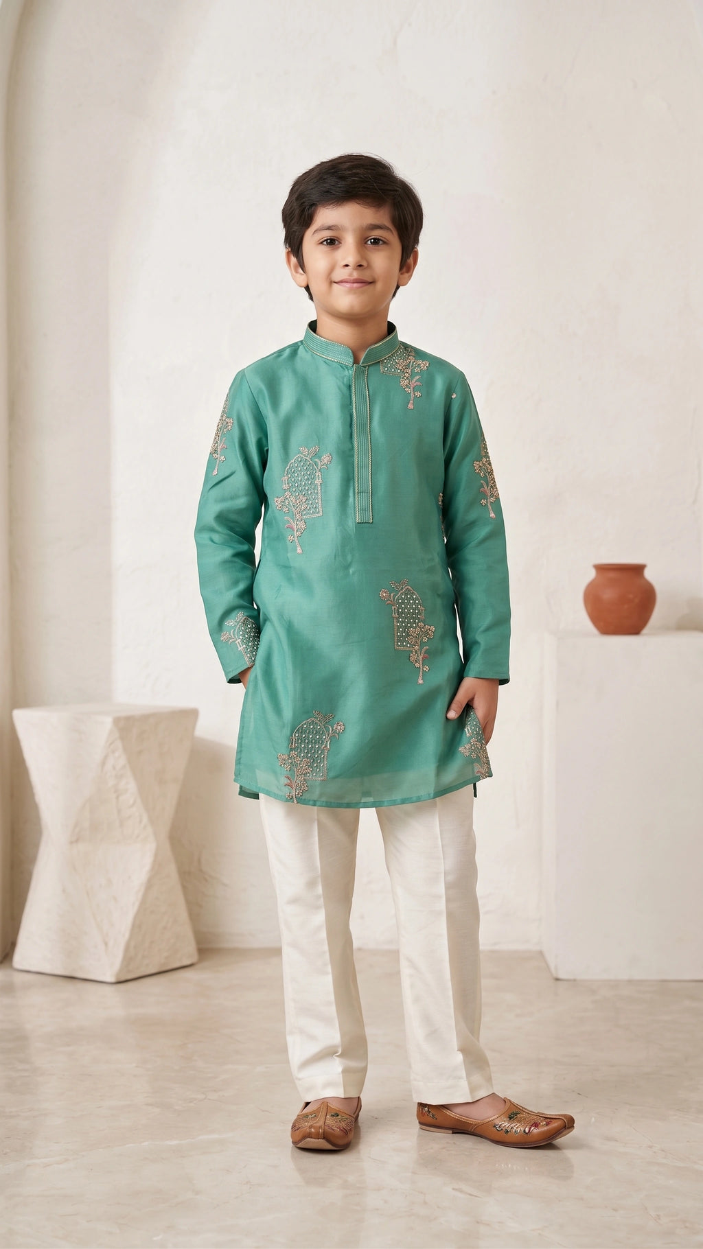 Sage Green Embroidered Festive Kurta Set for Kids