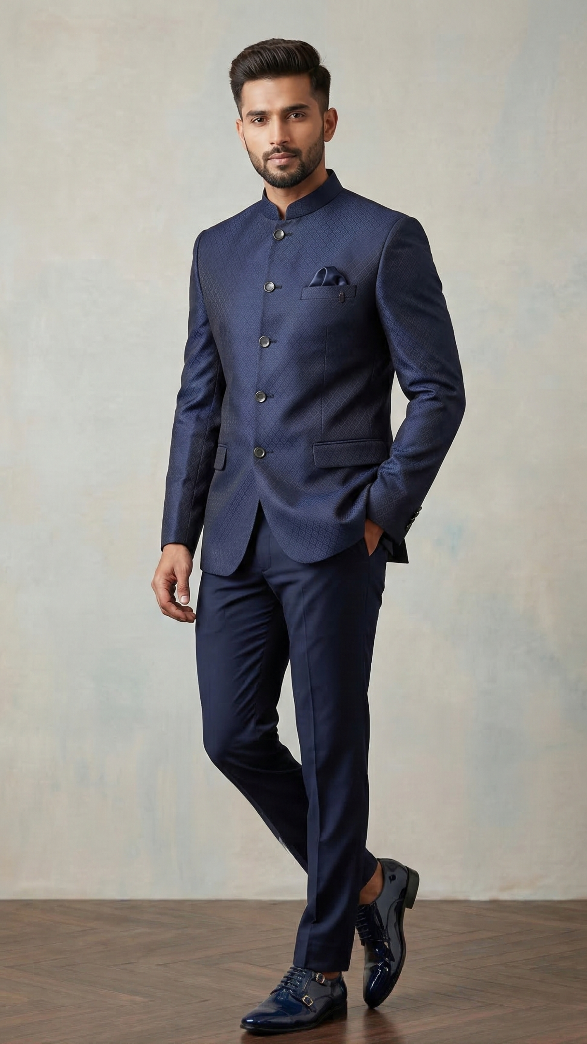 Navy Blue Textured Imperial Jodhpuri Suit