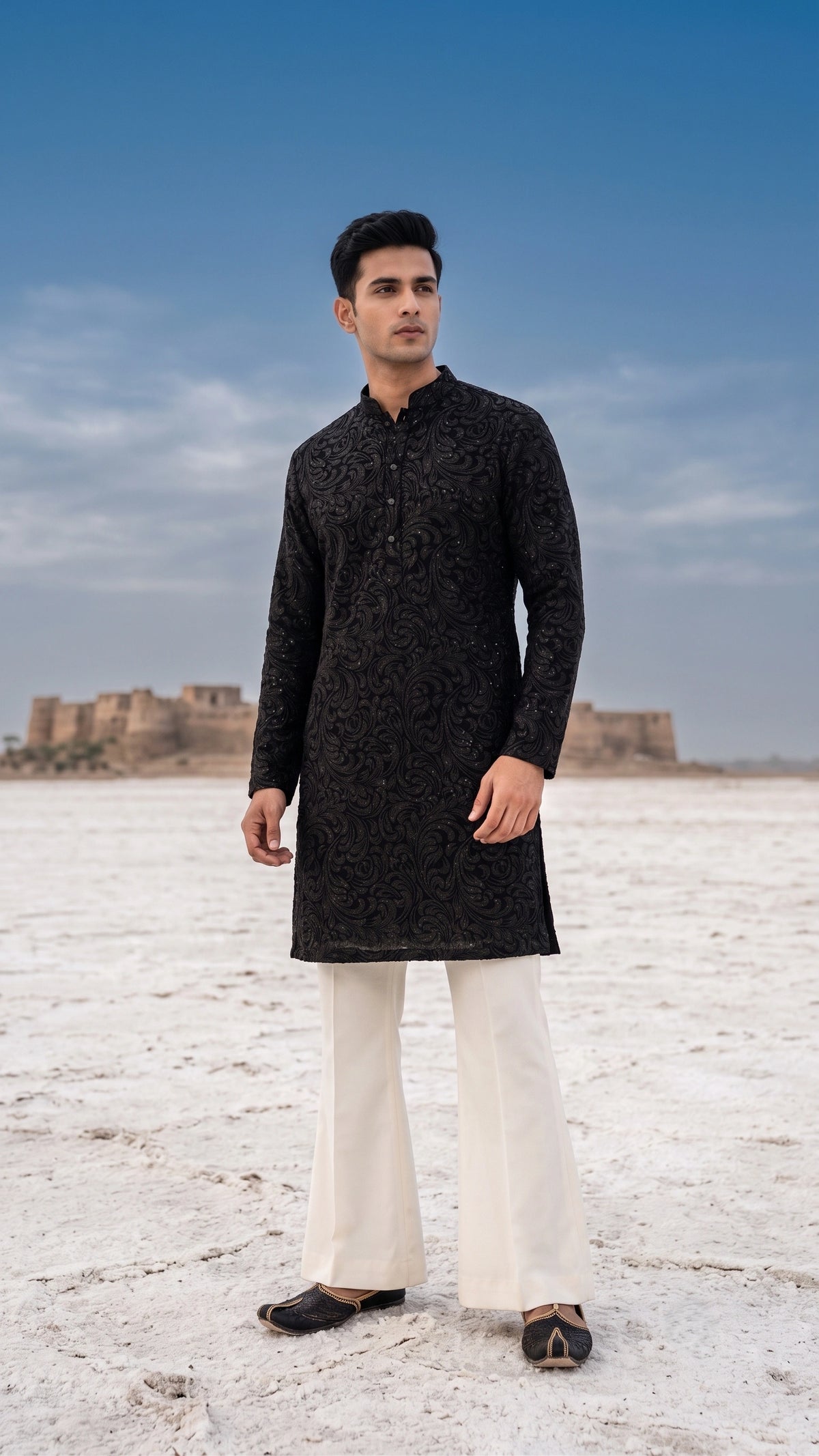 Jet Black Intricate Paisley Embroidered Silk-Blend Kurta