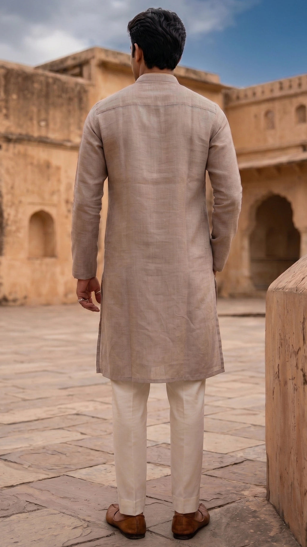 Dusty Taupe Abstract Botanical Print Linen-Blend Long Kurta