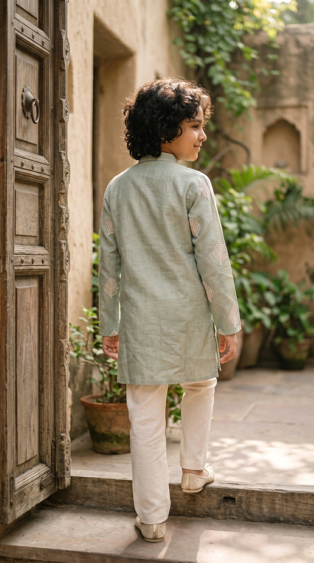Boys' Mint Sage Leaf-Embroidered Kurta & Off-White Pant Set
