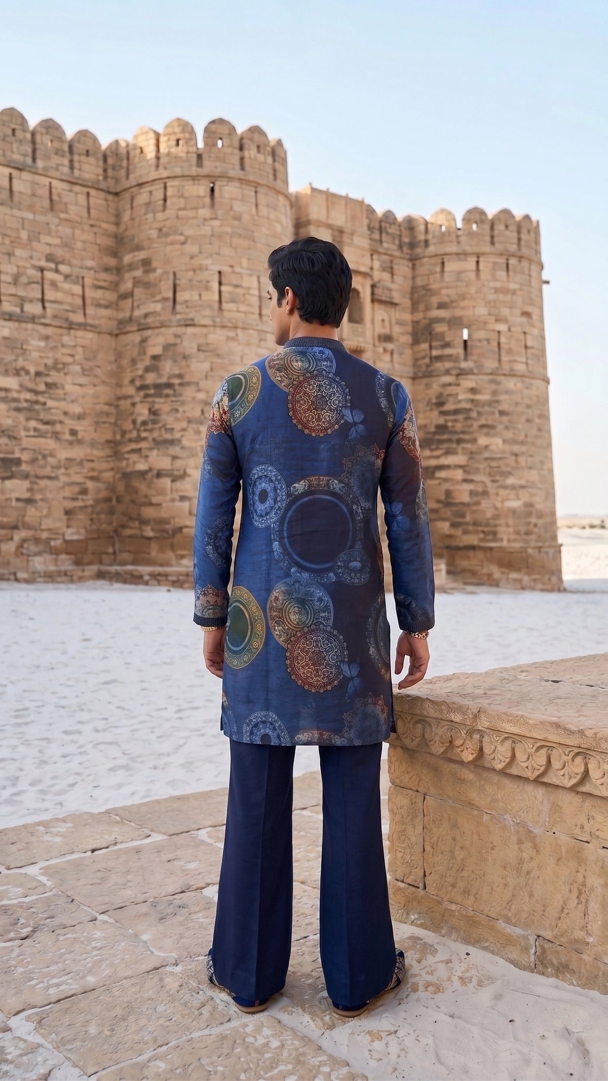 The Indigo Mandala Silk Kurta Set with Structured Boot-Cut Trousers