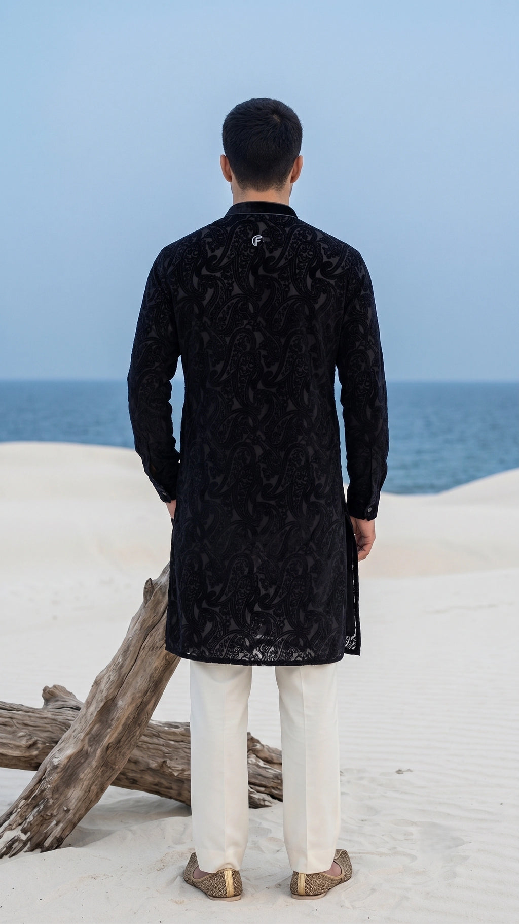 Noir Paisley Burnout Velvet Kurta for Men