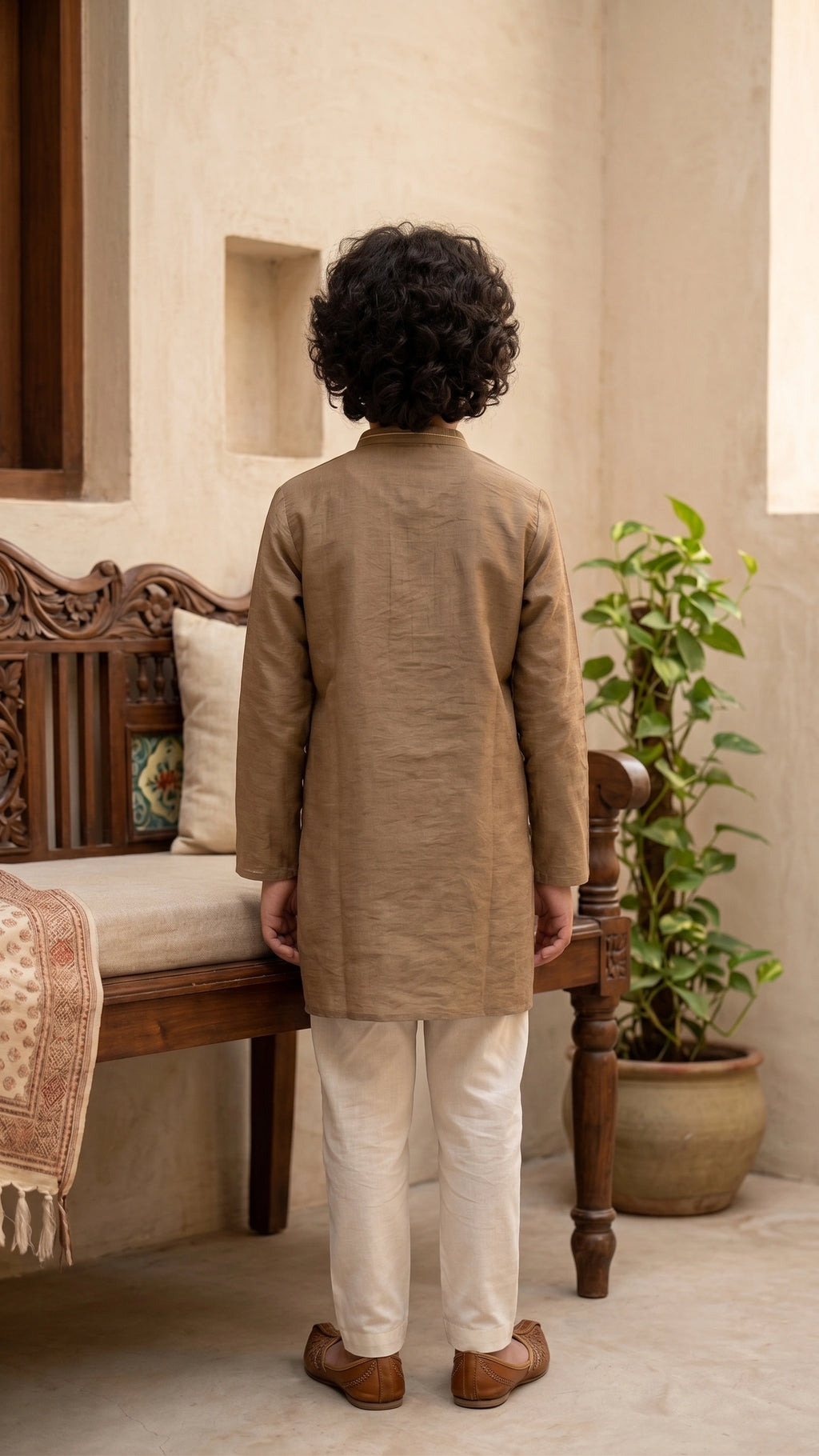 Boys Olive-Brown Embroidered Silk-Blend Kurta Set with Trousers