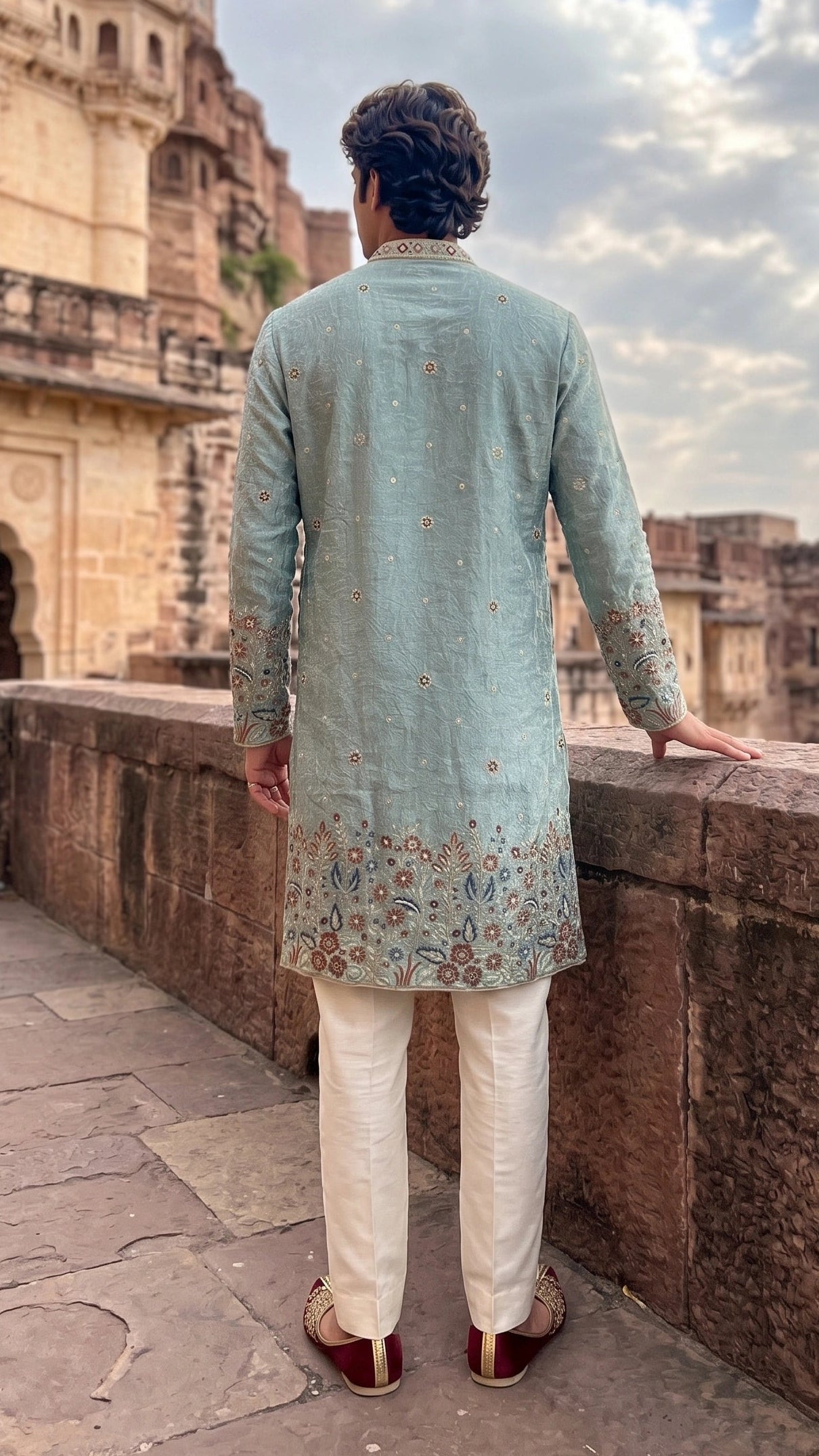 Ice Blue Embroidered Silk Kurta with Floral Border & Embellished Placket