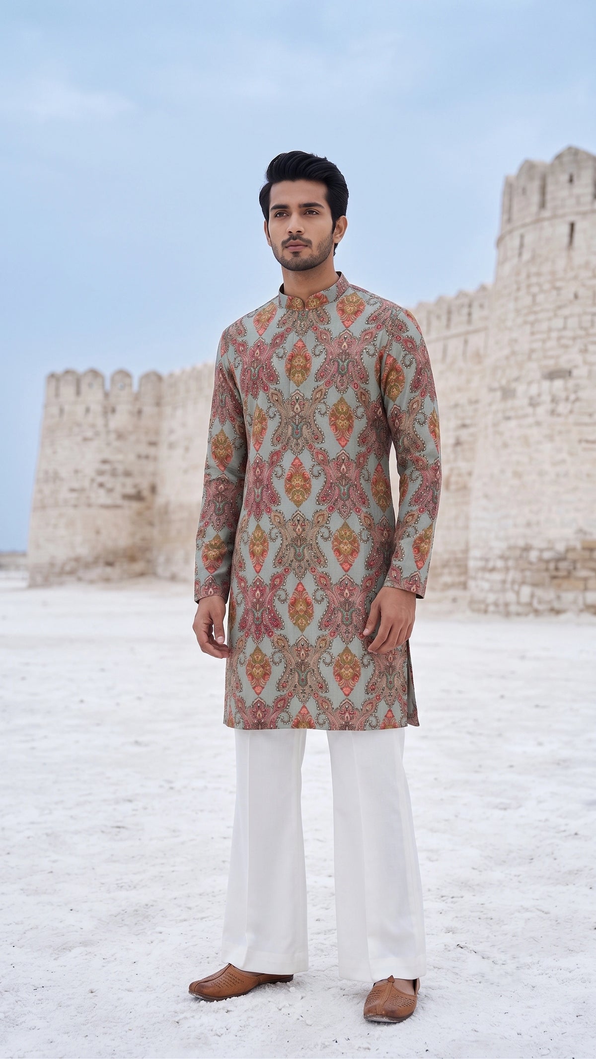Mint Grey Hand-Embellished Paisley Kurta & Flare Pant Ensemble