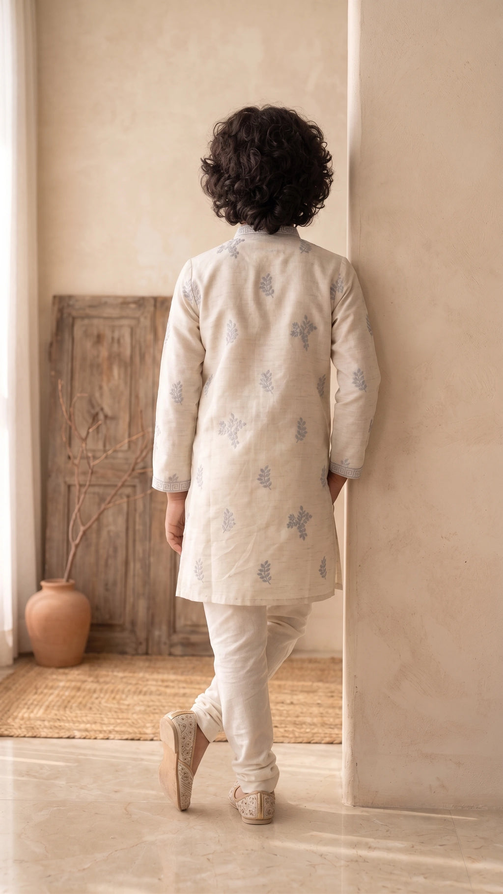Off-White Embroidered Kurta Set for Boys with Mandarin Collar