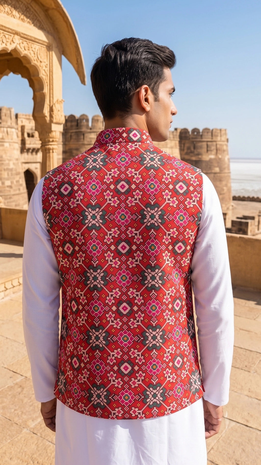 Men's Crimson Red Patola Print Nehru Jacket