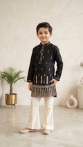 Regal Midnight: Embroidered Black Kurta & Bell-Bottom Trouser Set for Boys