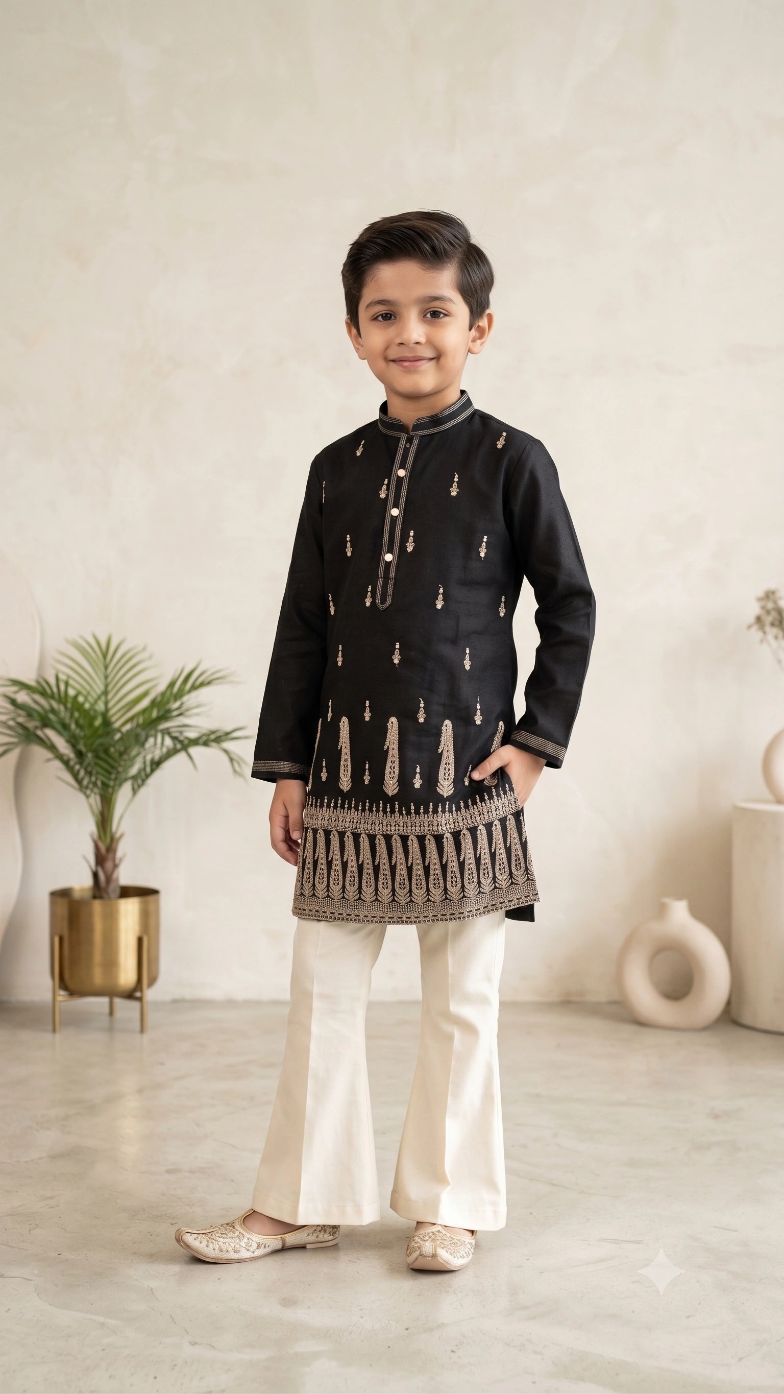 Regal Midnight: Embroidered Black Kurta & Bell-Bottom Trouser Set for Boys
