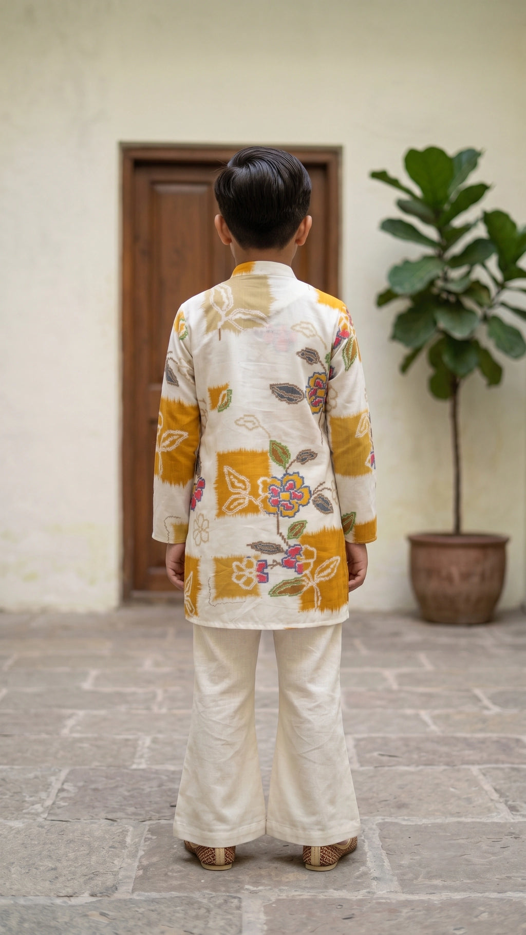Boys Mustard & Off-White Floral Ikat Kurta Set with Flared Bell-Bottom Pants