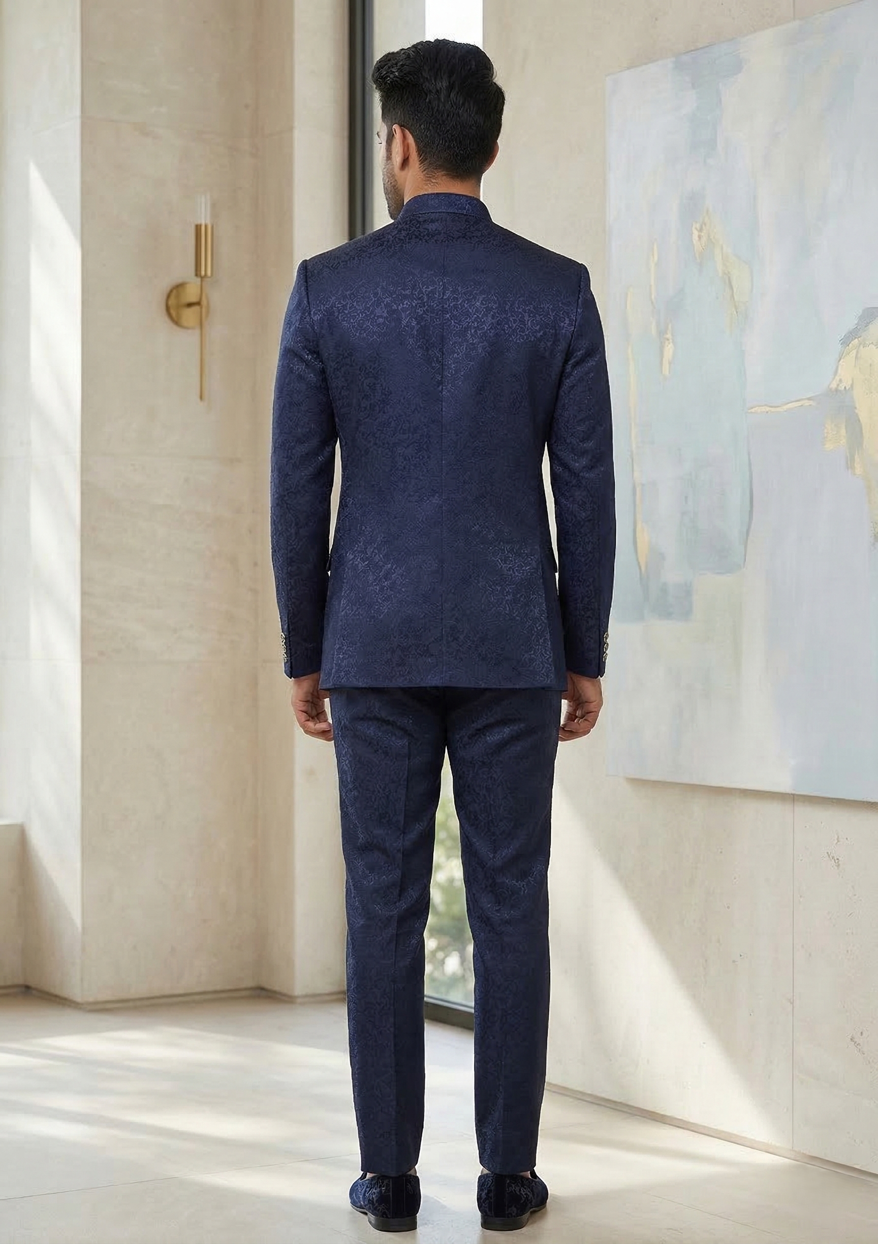 Midnight Navy Textured Jacquard Jodhpuri Suit