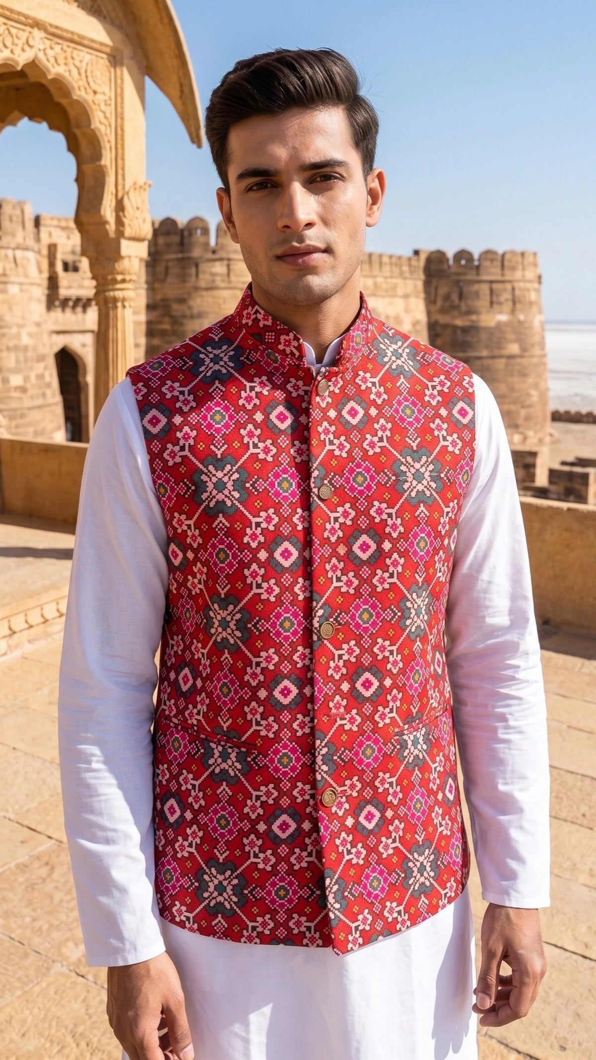 Men's Crimson Red Patola Print Nehru Jacket