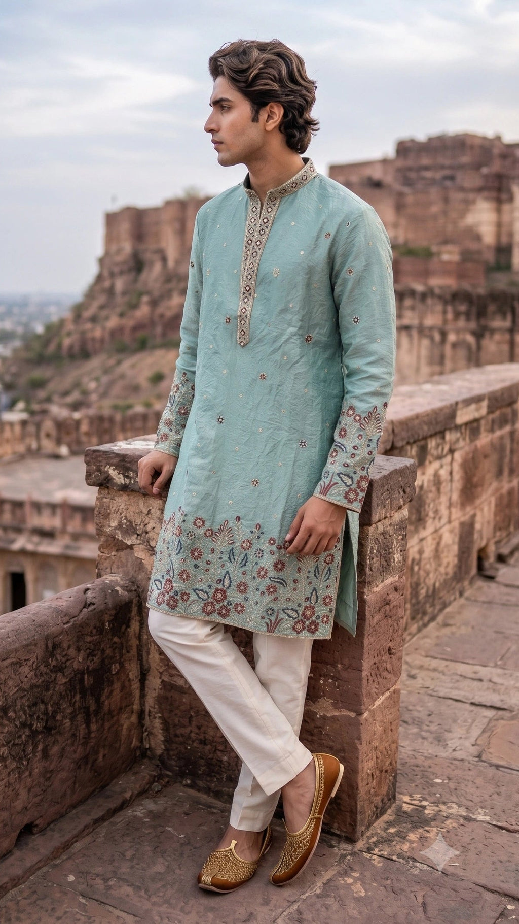 Sea Green Handcrafted Floral Embroidered Silk-Blend Kurta Set