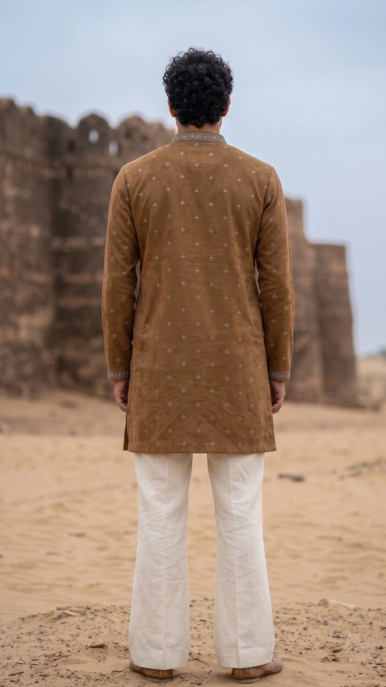 Earth Brown Embroidered Suede-Finish Kurta