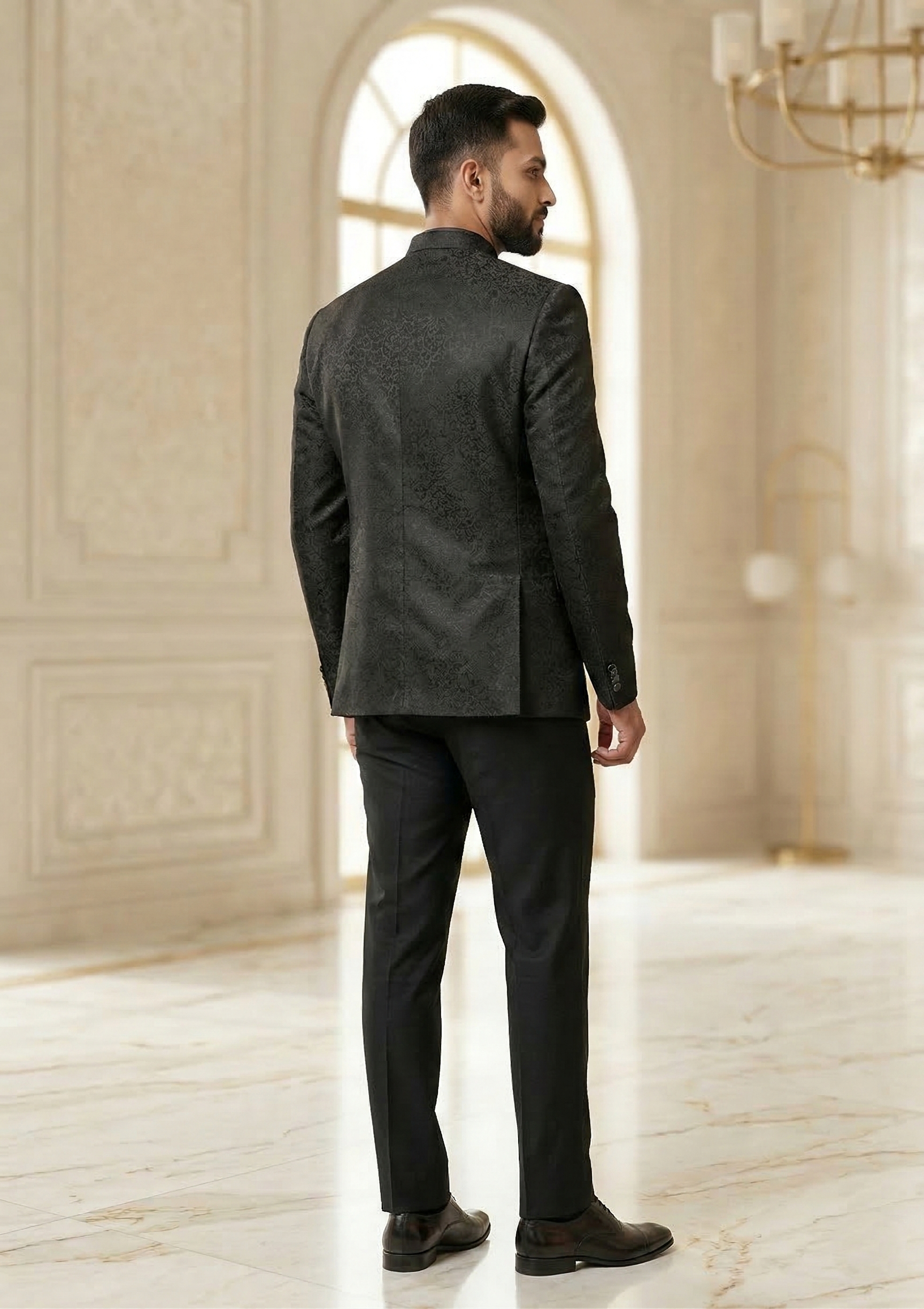 Men’s Charcoal Black Floral Jacquard Jodhpuri Suit