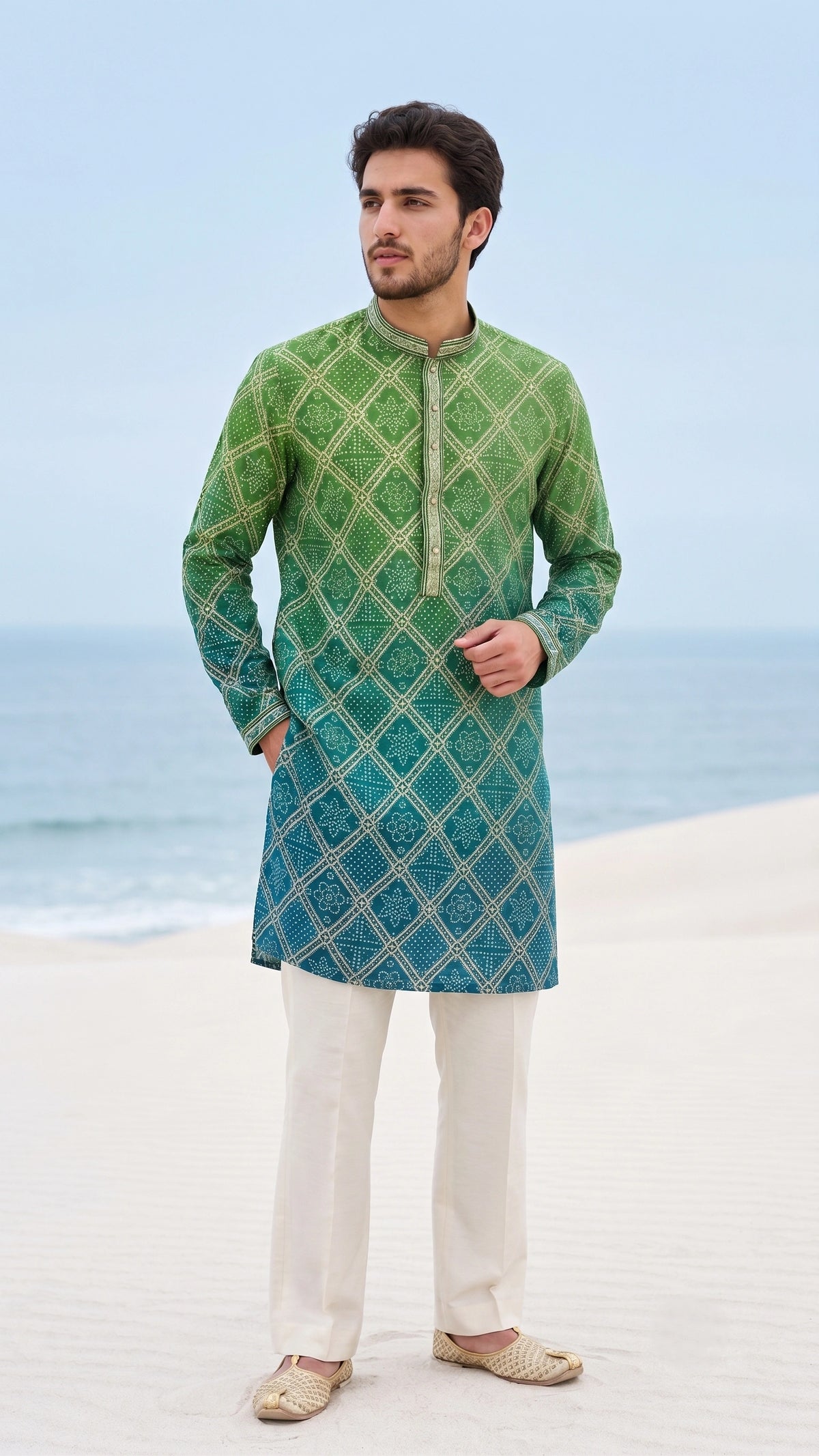 Handcrafted Dual-Tone Bandhani Straight Kurta for Men