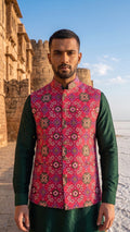 Men’s Fuchsia Pink & Multicolour Patola Print Nehru Jacket