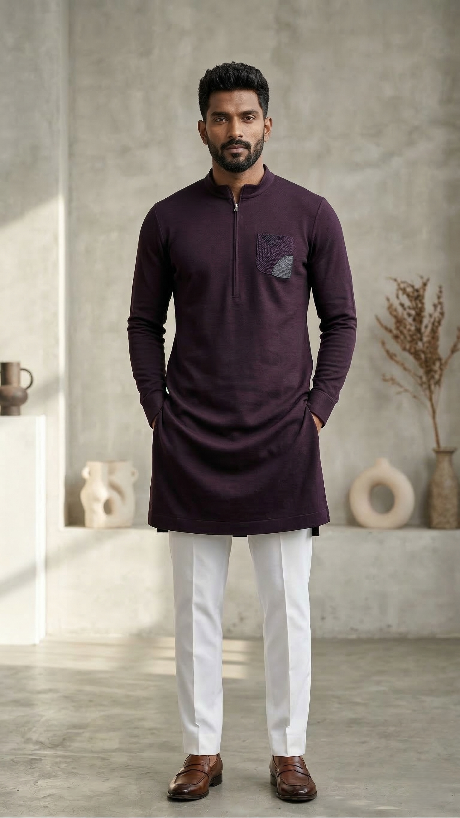 Wine Modern Quarter-Zip Kurta
