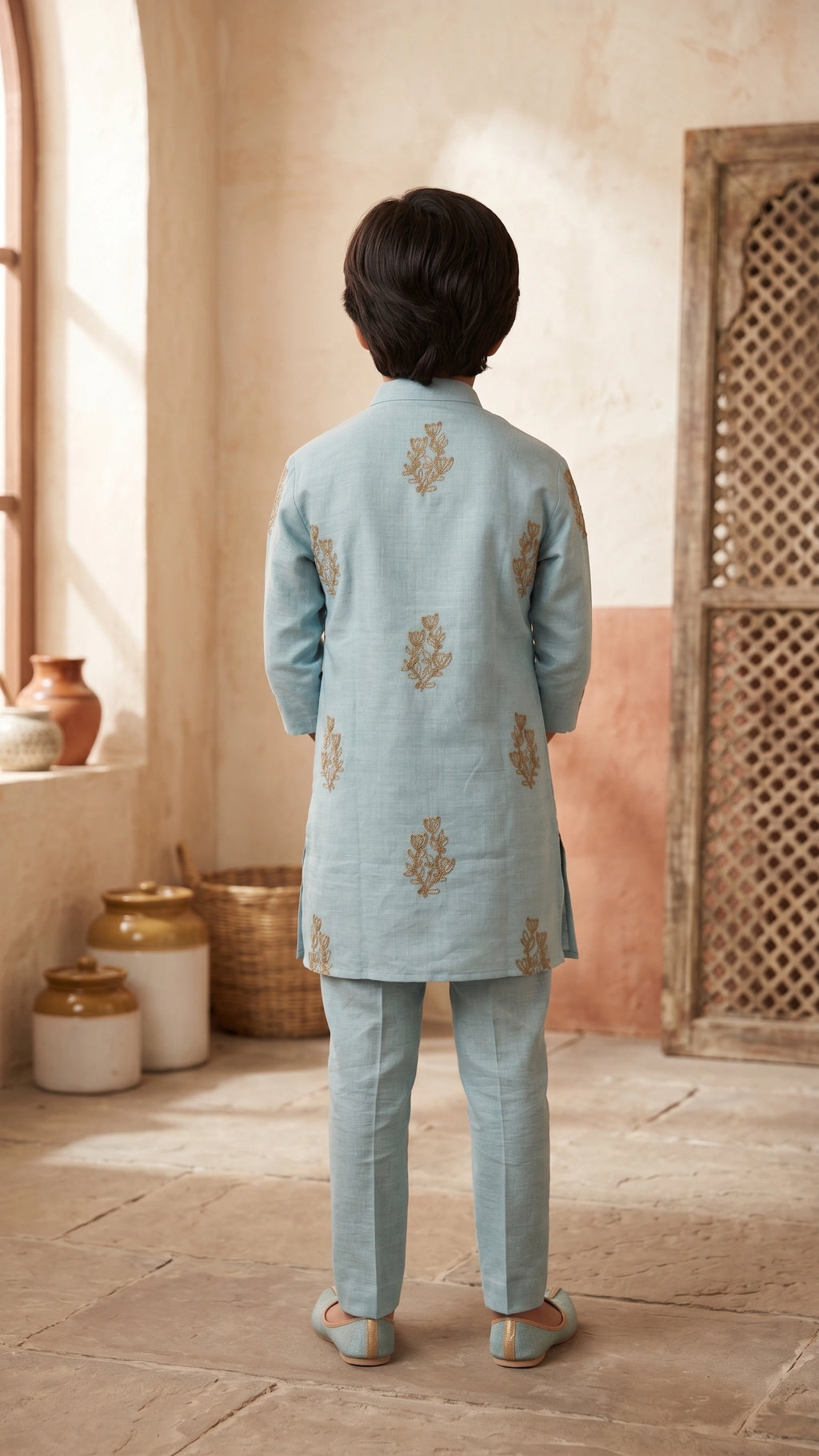 Kids Sky Blue Festive Kurta Set with Golden Floral Embroidery
