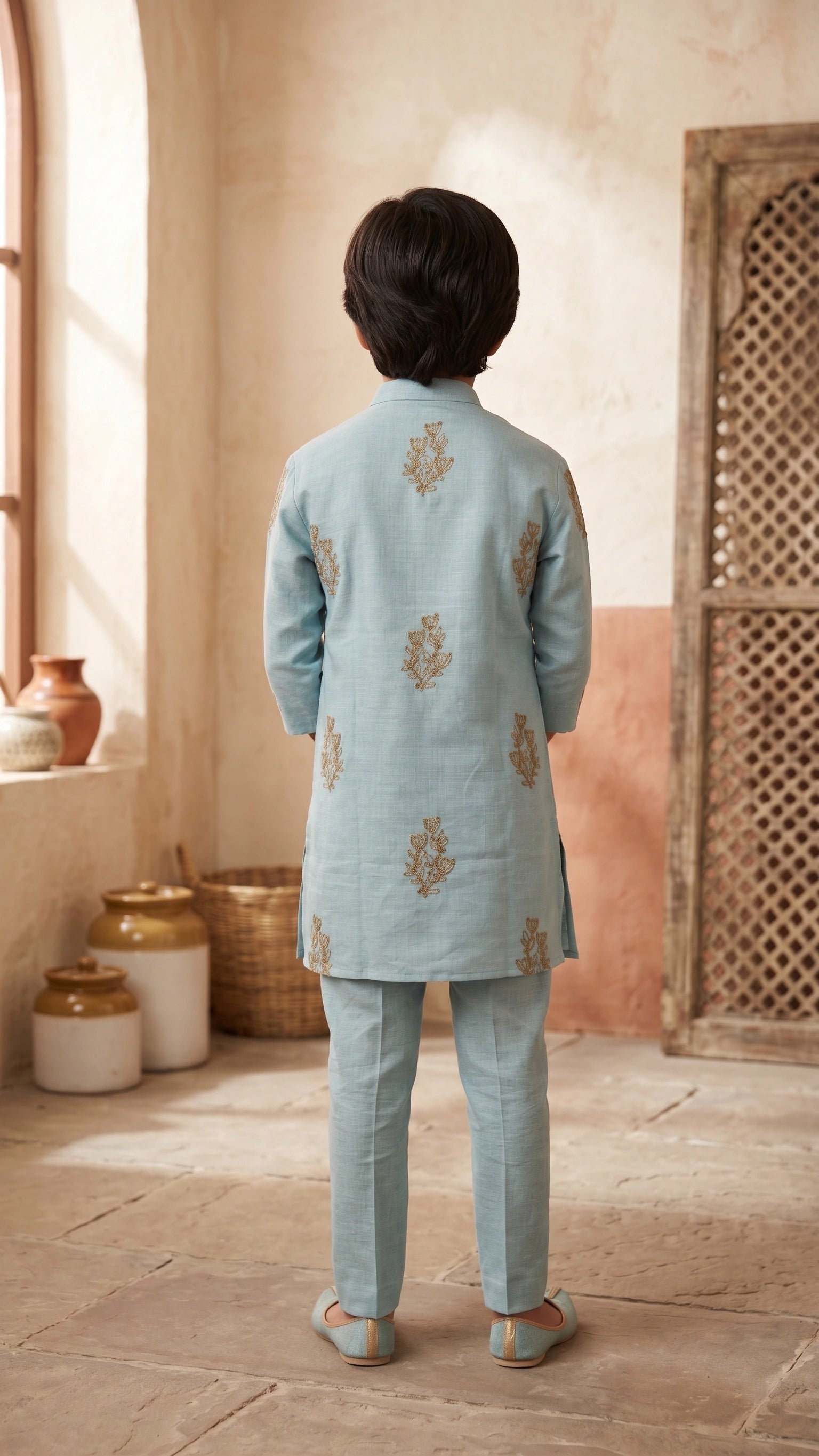Kids Sky Blue Festive Kurta Set with Golden Floral Embroidery