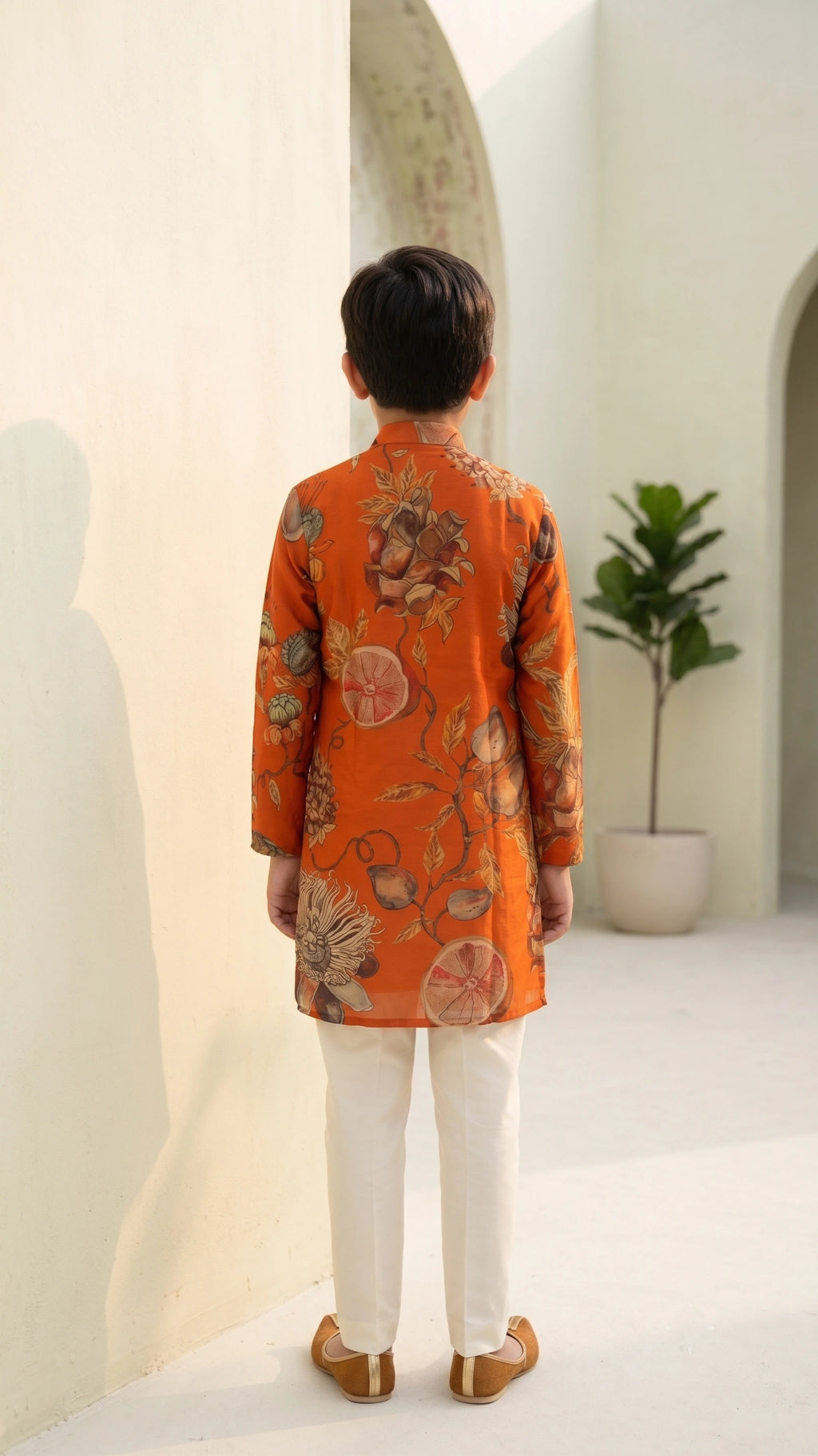 Boys Rust Orange Botanical Print Kurta Set with Off-White Trousers