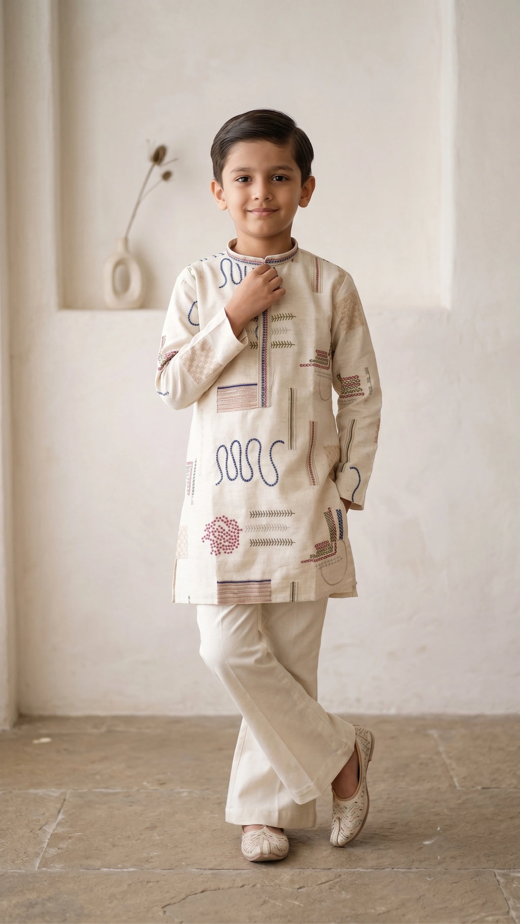Boys Off-White Handcrafted Geometric Embroidered Kurta with Broad-Fit Pant Set