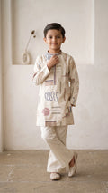 Boys Off-White Handcrafted Geometric Embroidered Kurta with Broad-Fit Pant Set