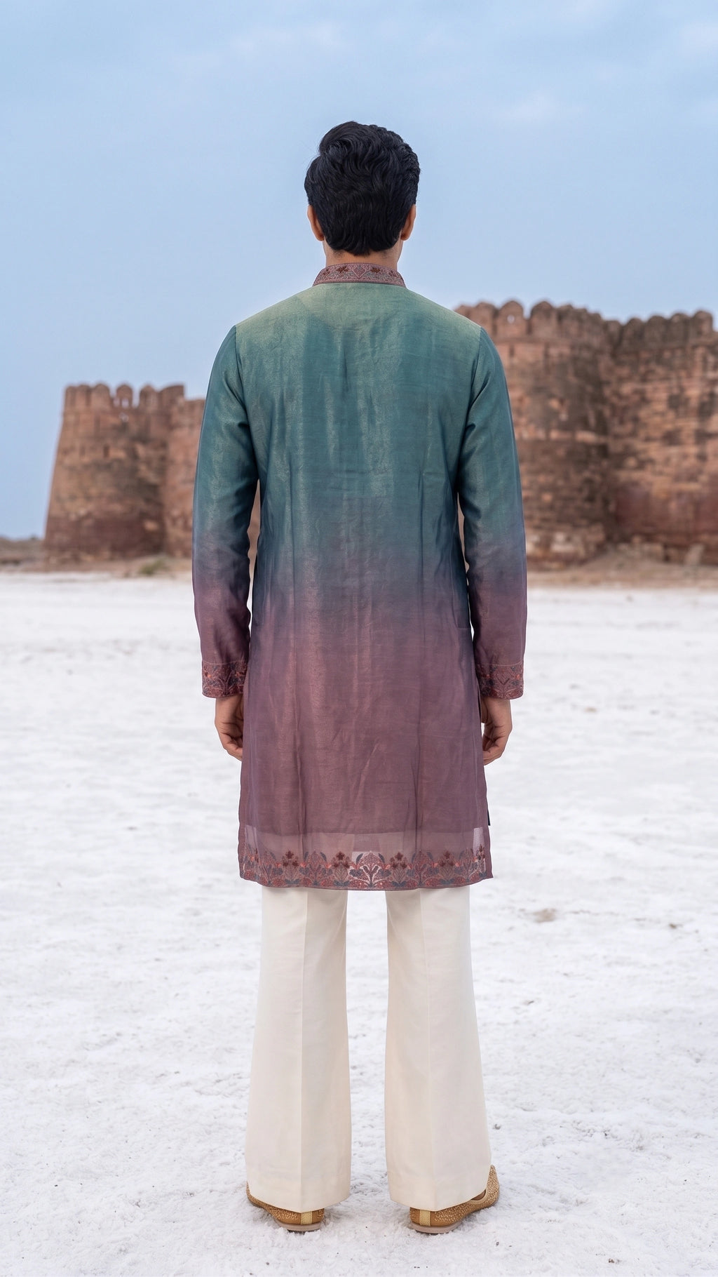 Teal to Mauve Ombré Embroidered Chanderi Silk Kurta