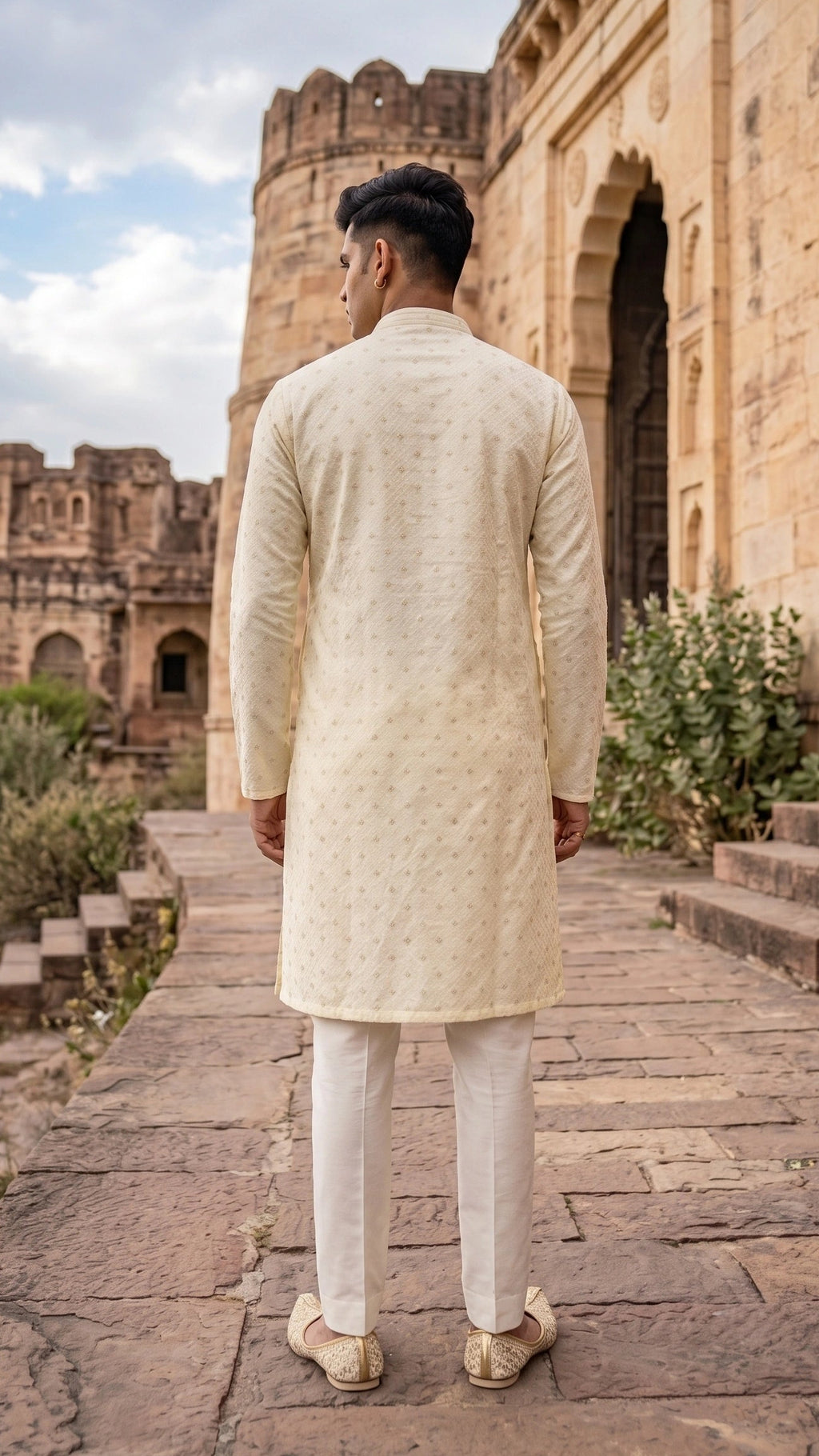 Pale Yellow Embroidered Self-Design Kurta