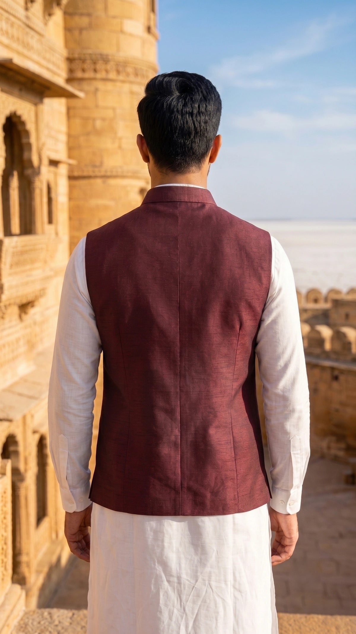 Men's Wine Textured Sleeveless Waistcoat