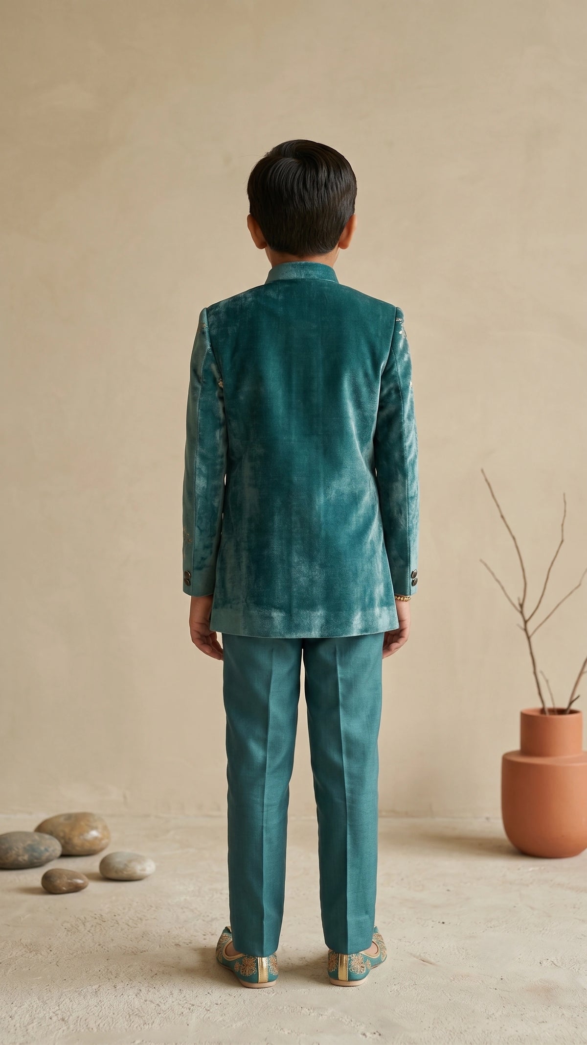 Emerald Teal Embroidered Velvet Semi-Indo  Suit Set for Boys