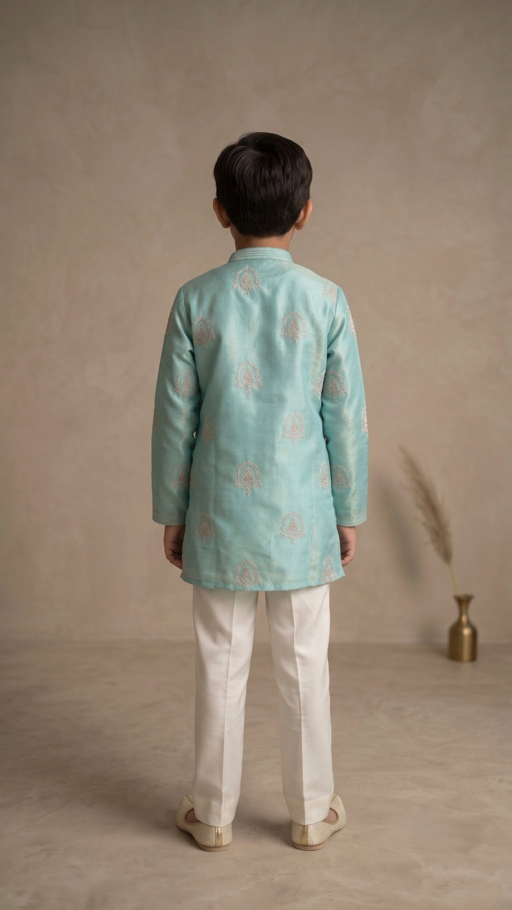Boys Aqua Seafoam Embroidered Kurta Set with Off-White Straight Trousers