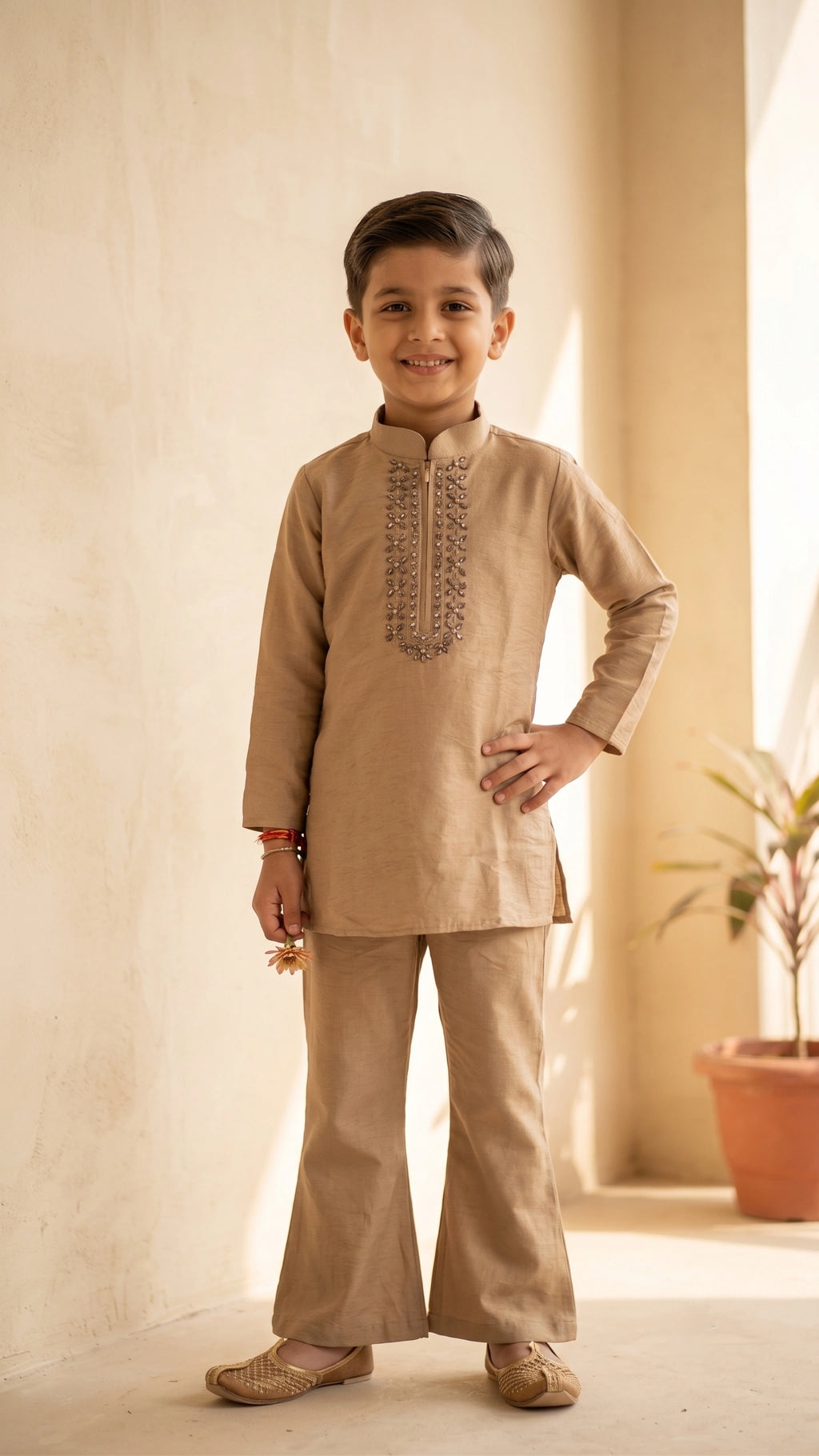 Classic Fawn Kurta with Matching Flared Trousers for boys